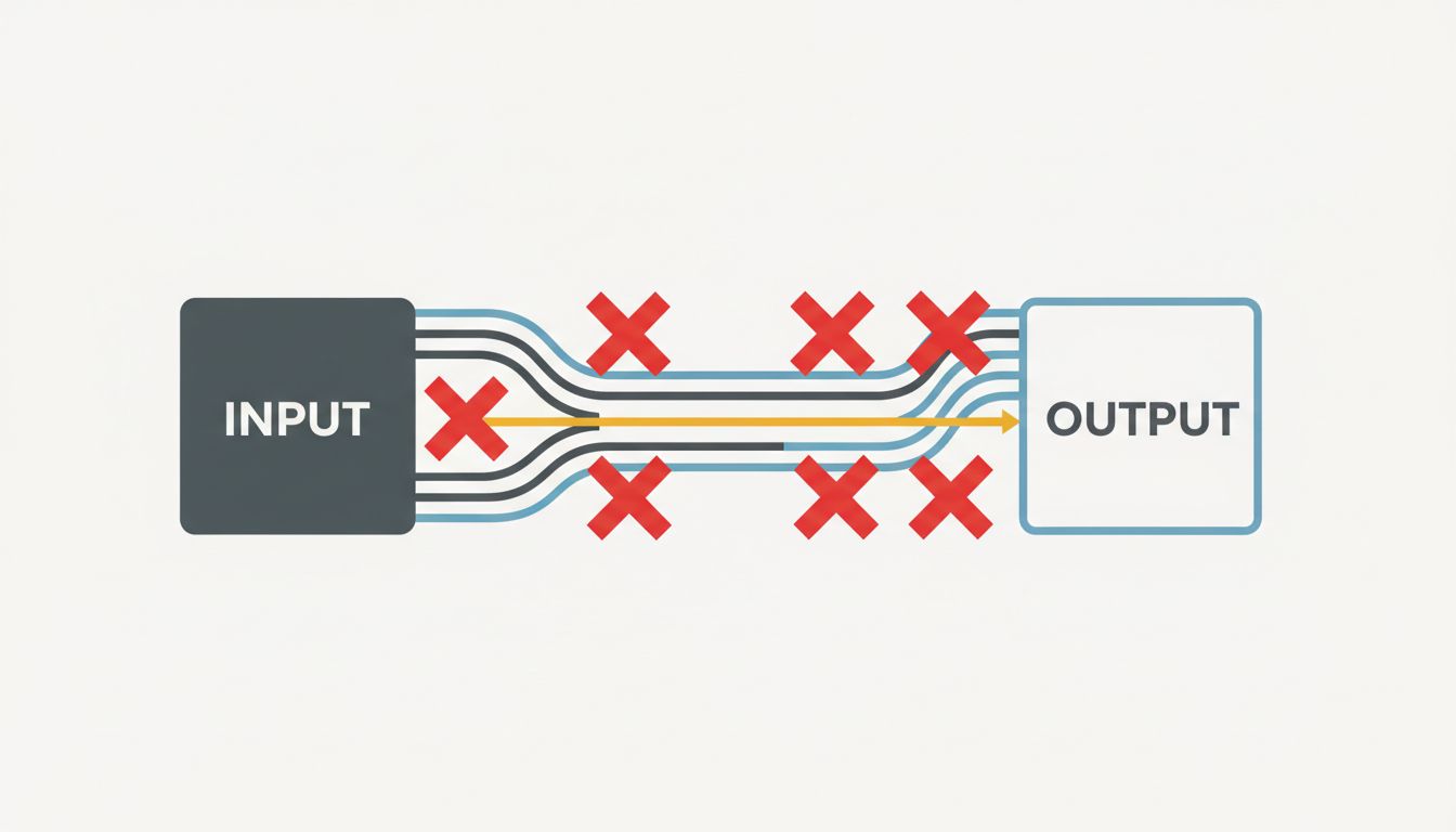 A flowchart with redundant paths crossed out, leaving a single direct route from input to output
