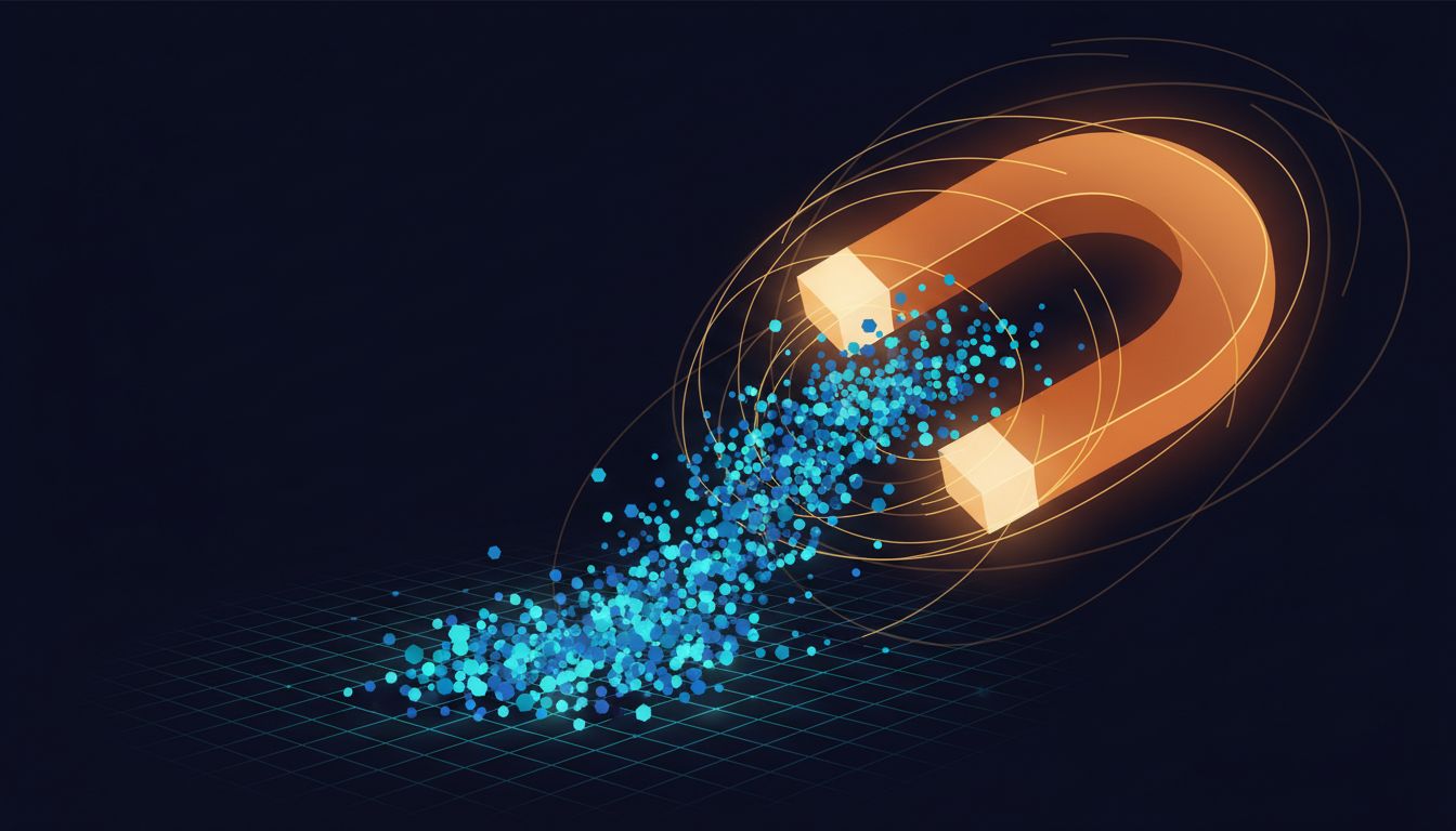 A single powerful magnet pulling small objects off their intended path, representing one customer distorting product direction