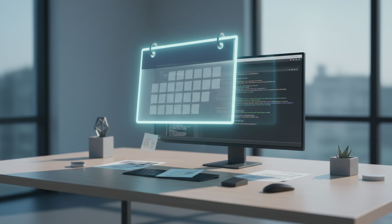 A ghost-like calendar meeting block hovering over a productive workspace, casting a shadow on work below