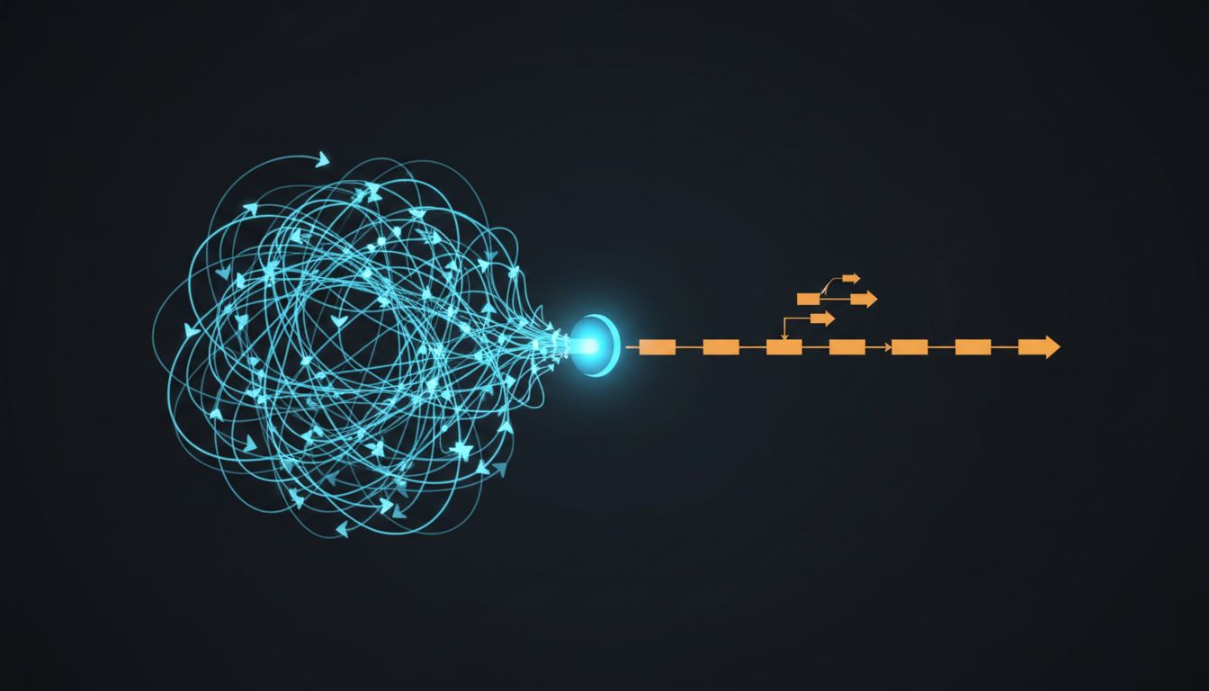 Diagram comparing a tangled meeting-centric information flow with a clean async information flow