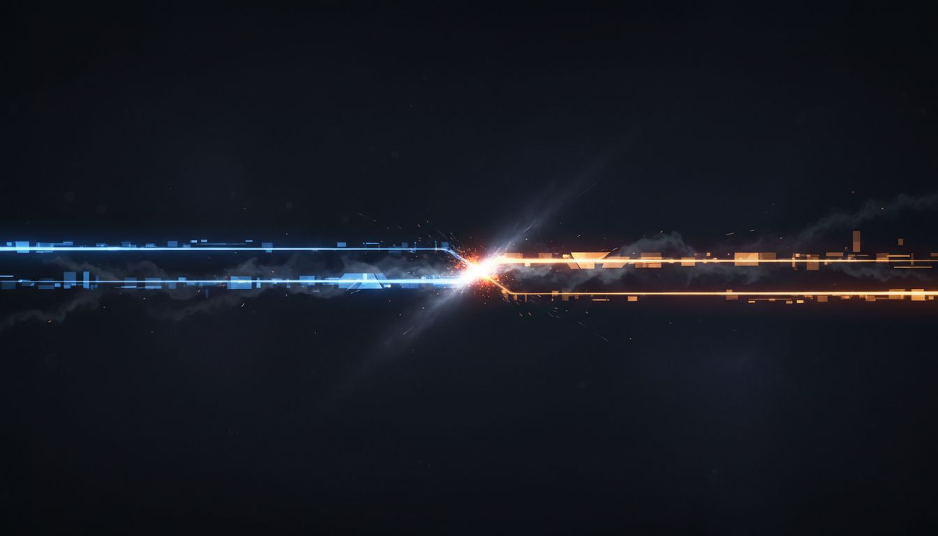 Two parallel execution timelines intersecting at a narrow, glowing point before diverging again