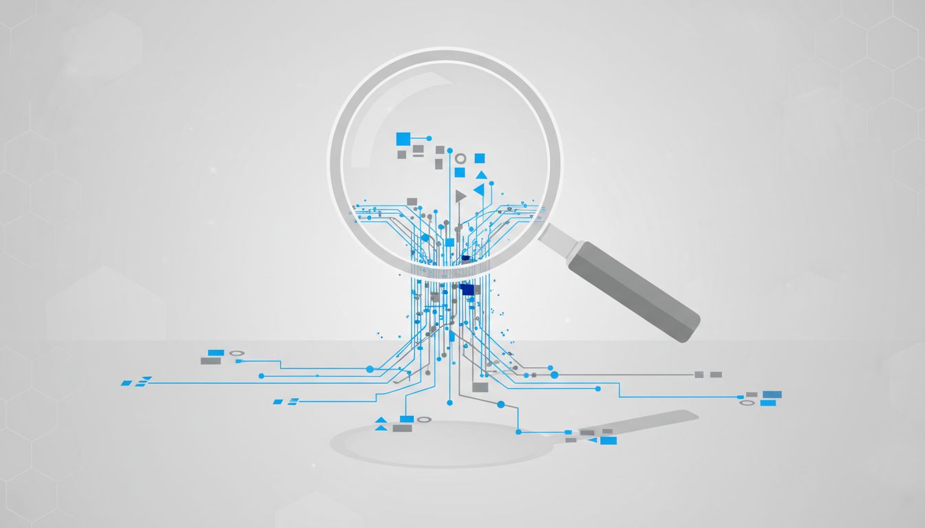 A magnifying glass distorting the process threads visible beneath it, illustrating how observation changes system behavior