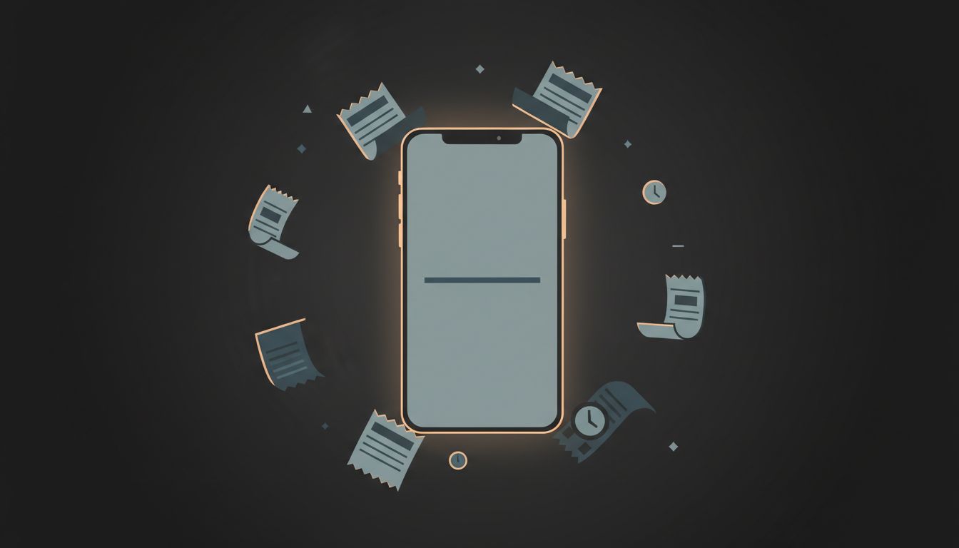 Illustration of a smartphone with a flatline graph surrounded by floating cost receipts