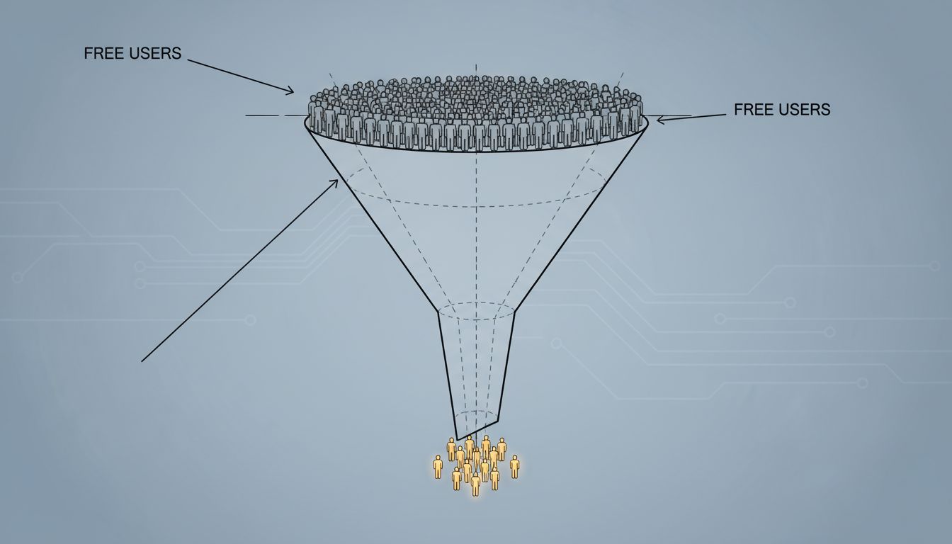 Funnel diagram illustrating the extreme narrowing from free users to paying customers