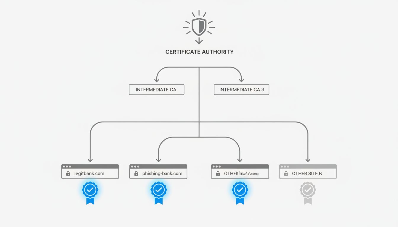 Diagram showing a certificate chain where both a legitimate site and a phishing site receive identical valid certificates