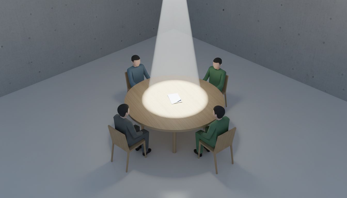 Abstract illustration of a partnership meeting with a document at the center of the table and one figure pulling back