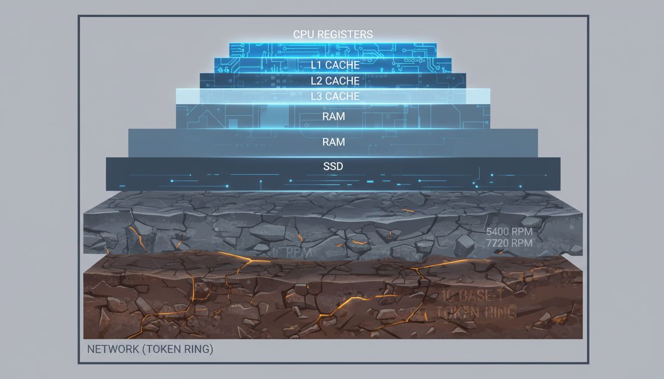 Illustration of the memory hierarchy as geological strata, with outdated latency figures shown in crumbling lower layers