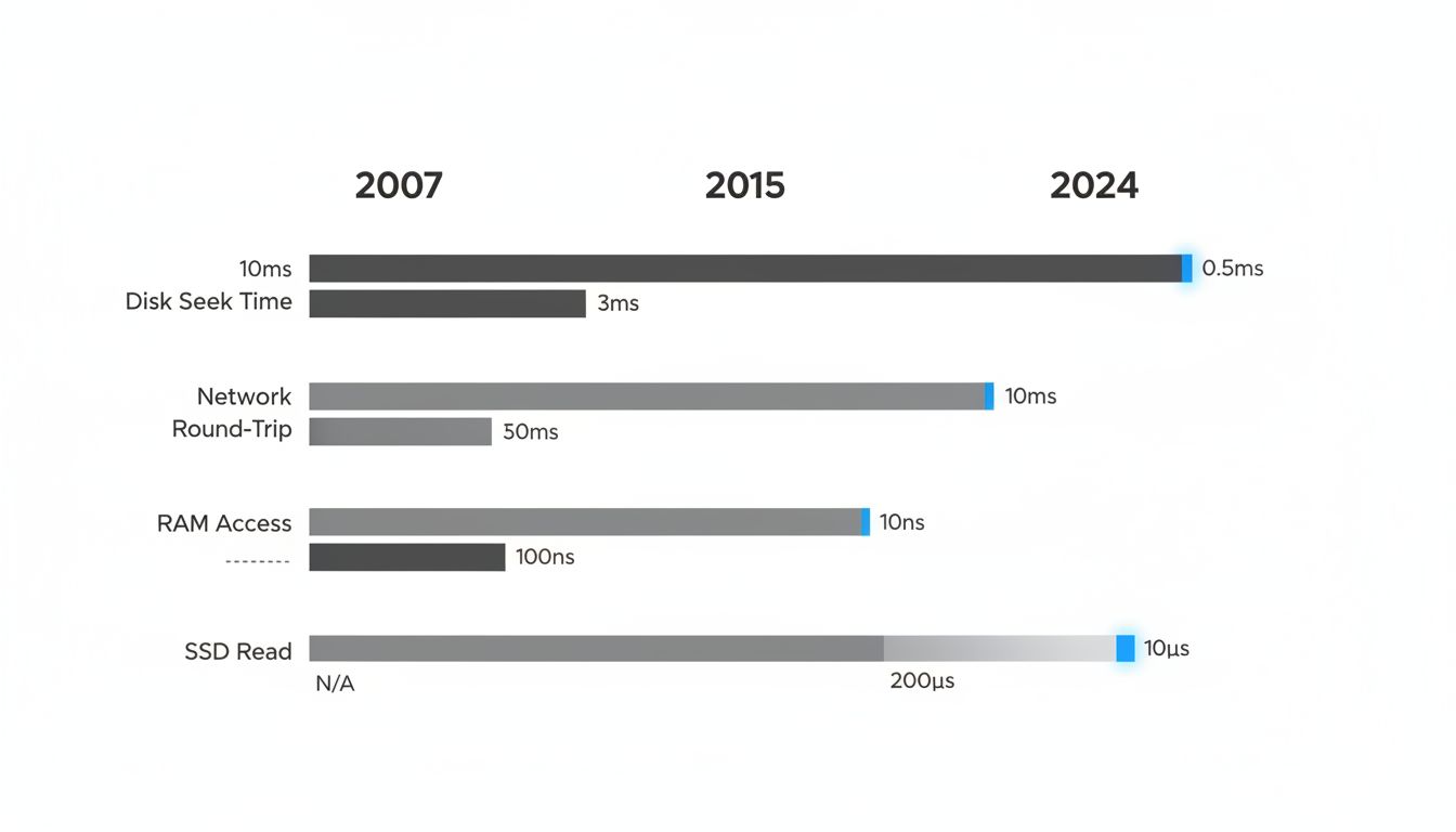 Bar chart comparison showing how key latency metrics have changed from 2007 to 2024