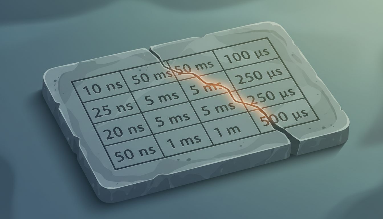 Stone tablet engraved with a latency numbers table, cracked down the middle