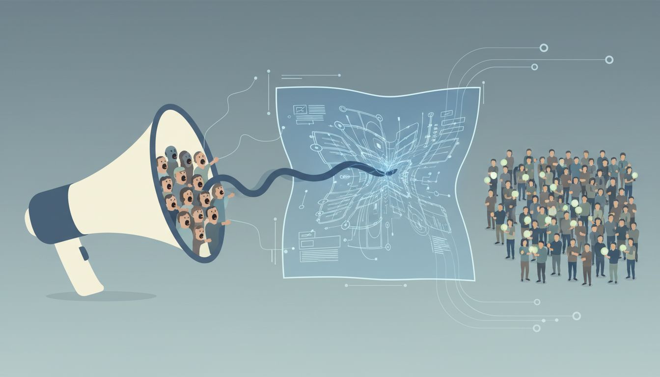 Illustration showing a loud minority distorting a product away from the needs of the silent majority