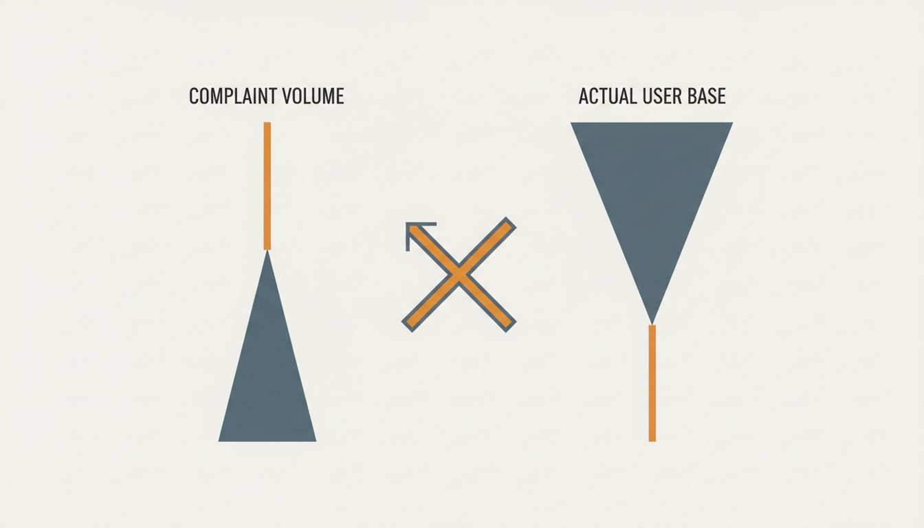 Diagram showing the mismatch between who complains most and who makes up the majority of users