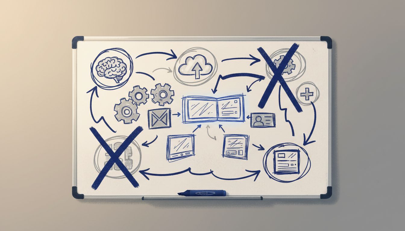 A whiteboard covered in rough concept sketches, arrows, and crossed-out ideas suggesting a creative thinking session