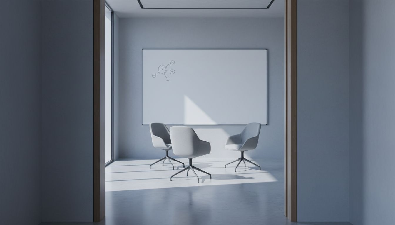 An empty meeting room with a nearly blank whiteboard and three loosely arranged chairs