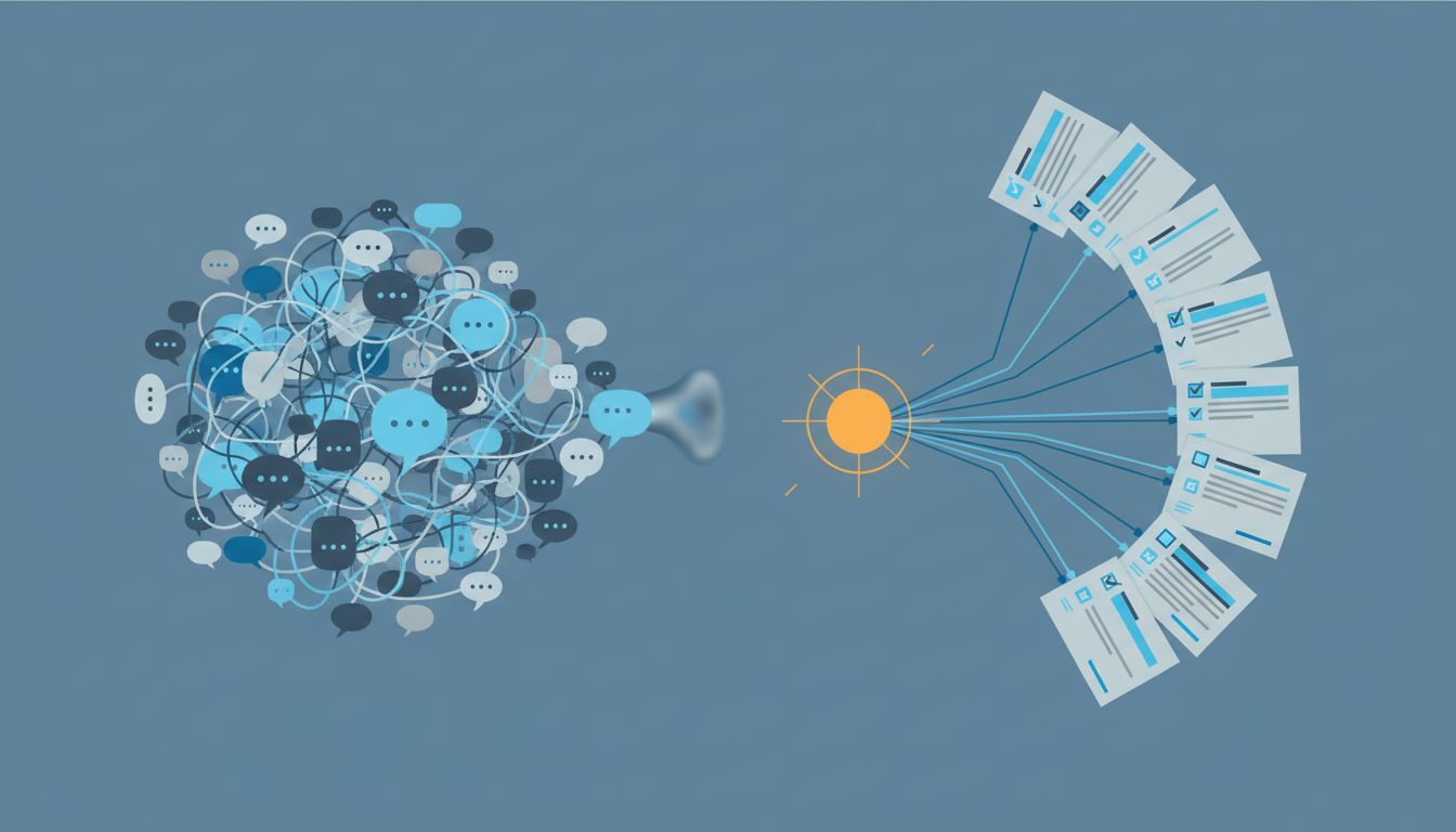 Diagram contrasting synchronous meeting communication (tangled, converging speech bubbles) with async document-based communication (clean sequential pages leading to a clear decision)