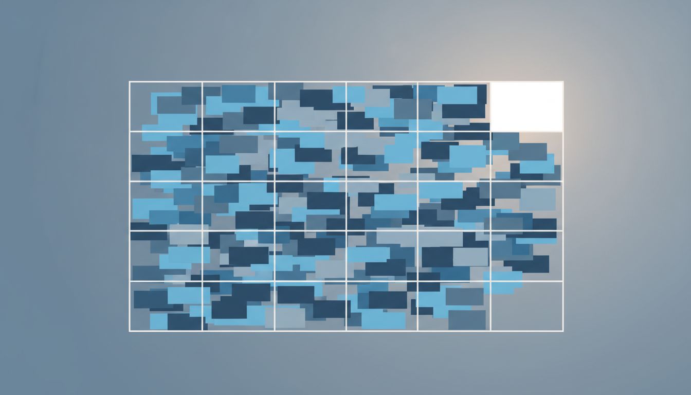 Abstract calendar grid with one open, luminous white cell surrounded by dense meeting blocks