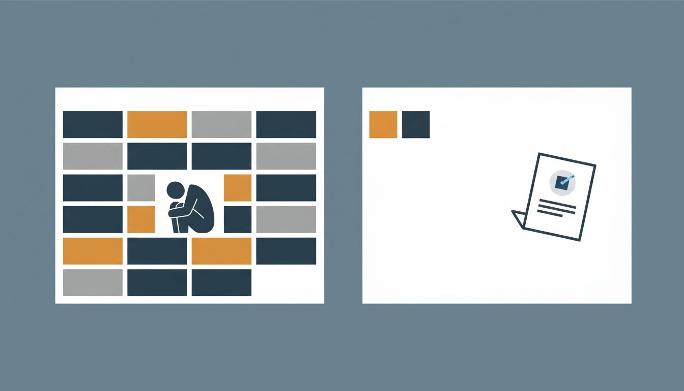 Two calendars contrasted: one dense with meetings producing nothing, one sparse producing visible work