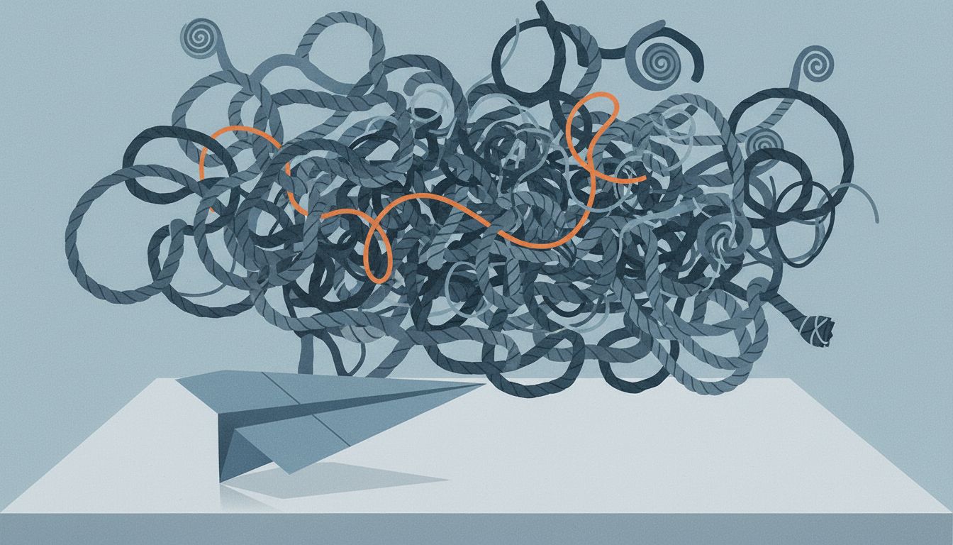 A neat origami plane beside a chaotic tangle of string, representing the gap between meeting plans and meeting reality