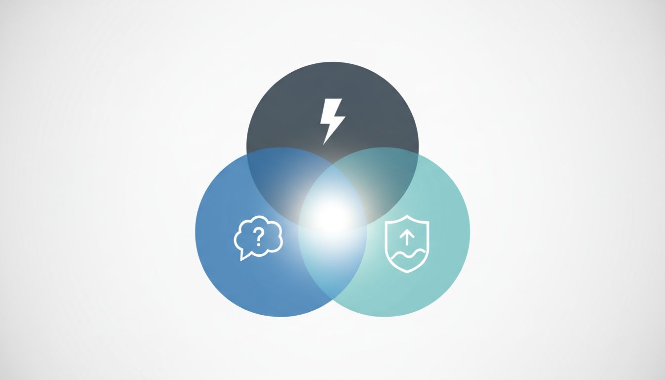 Three overlapping circles representing different participant needs in a meeting, with a small shared center