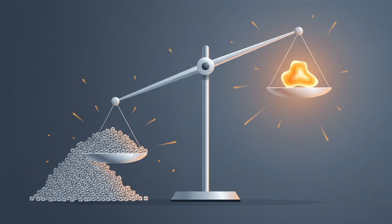 A balance scale tipped by many completed tasks, while a single glowing outcome sits on the lighter side