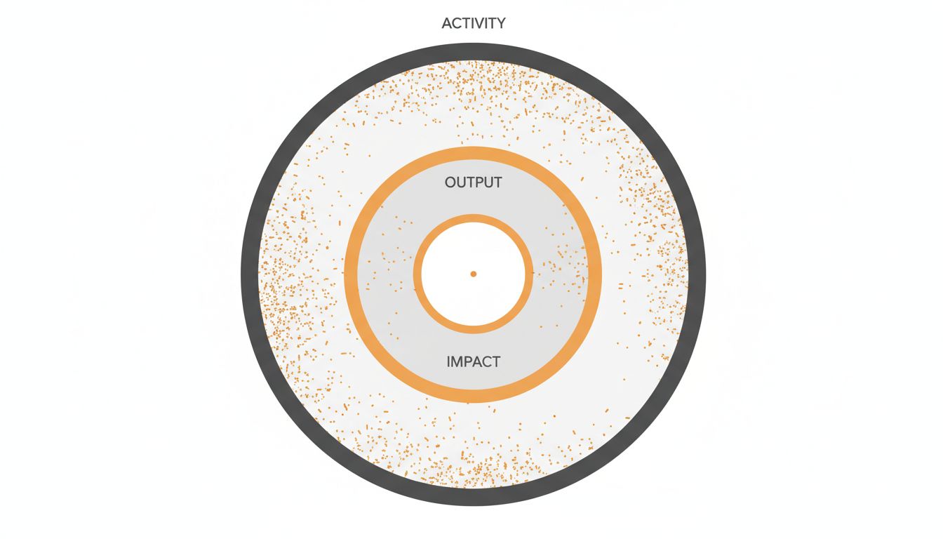 Concentric rings diagram showing activity on the outside, output in the middle, and impact at the center, with most effort clustered at the outer ring