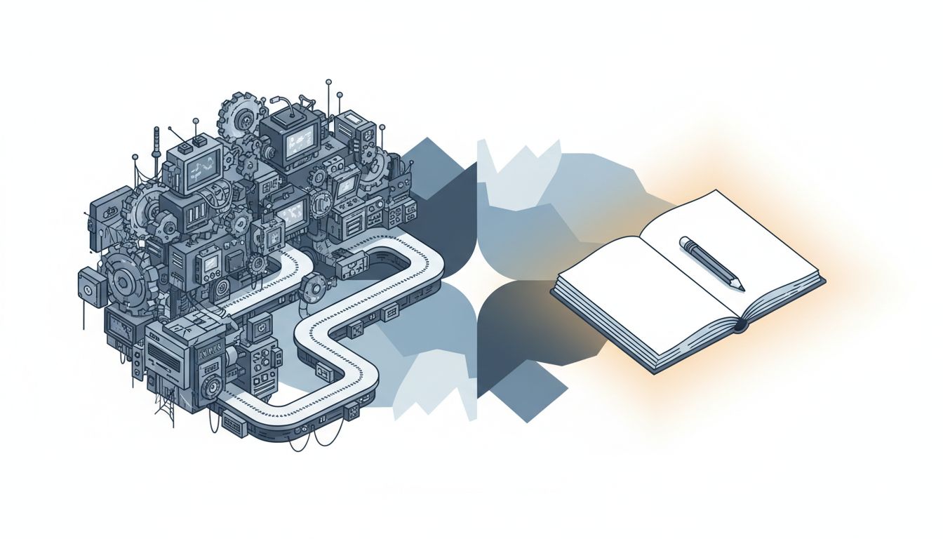Illustration of a complex mechanical system gathering dust beside a simple glowing notebook