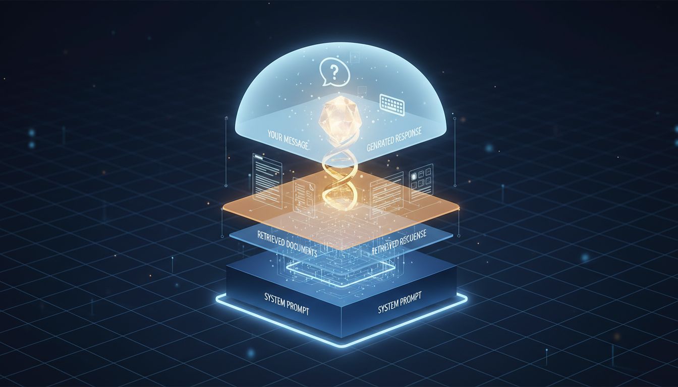 Layered diagram showing how a user's message sits inside system prompt and retrieval layers before reaching an AI model