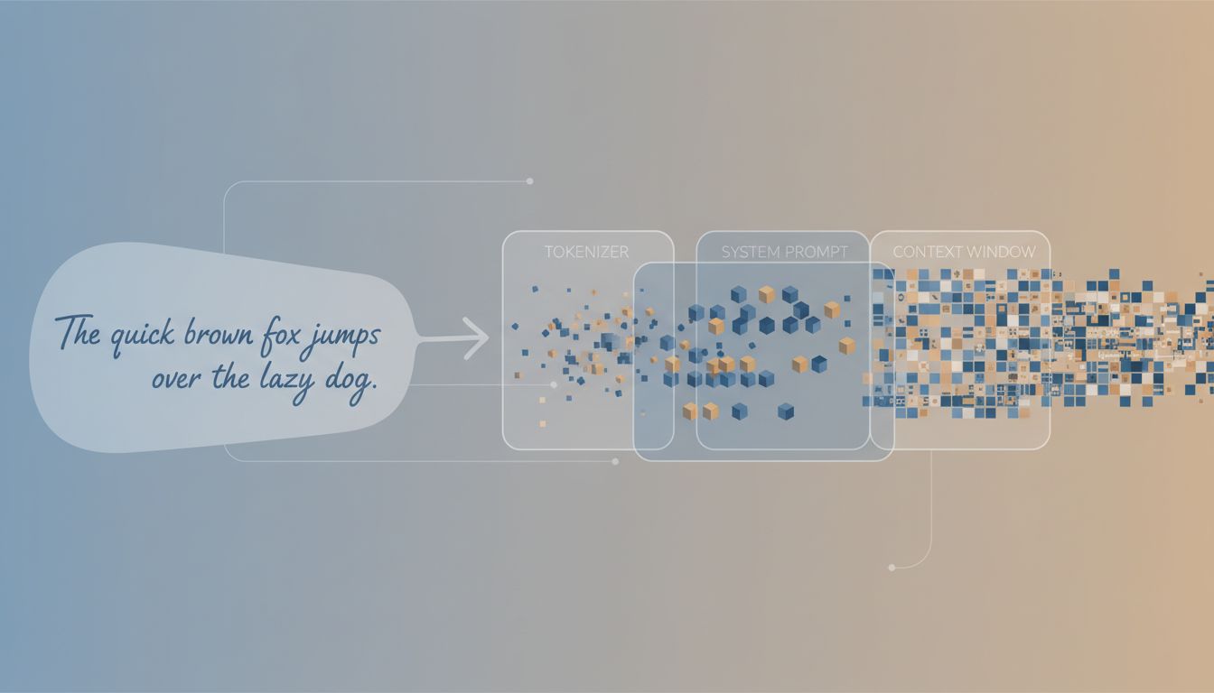 Diagram showing how a human-written prompt transforms through tokenization and context injection before reaching a language model