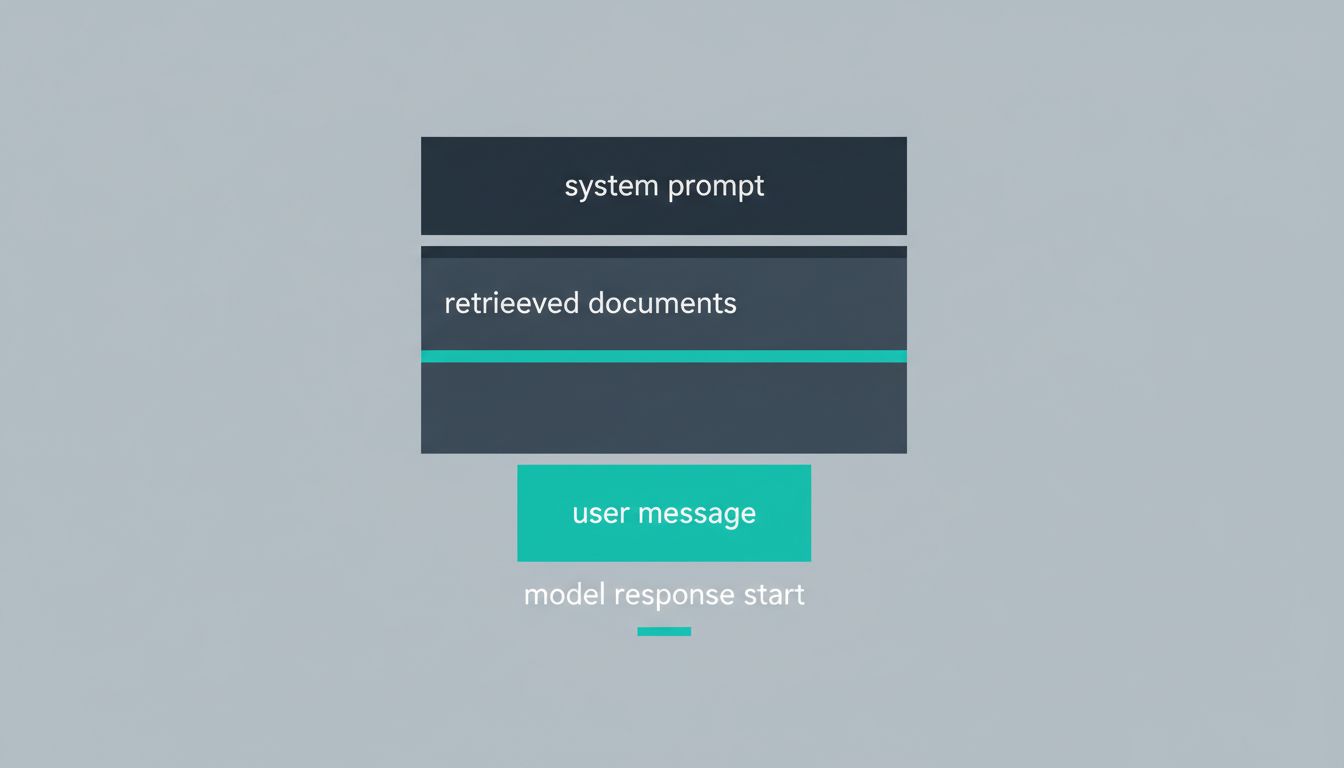 Diagram of a language model context window showing system prompt, retrieved documents, and user message as proportional blocks