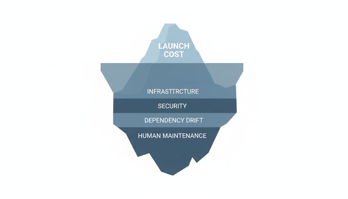 Iceberg diagram showing launch costs above water and maintenance costs below
