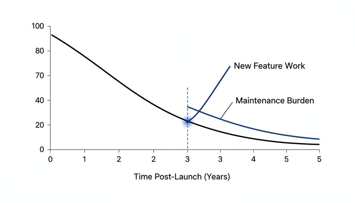 Graph showing maintenance costs rising to exceed new feature development costs over time