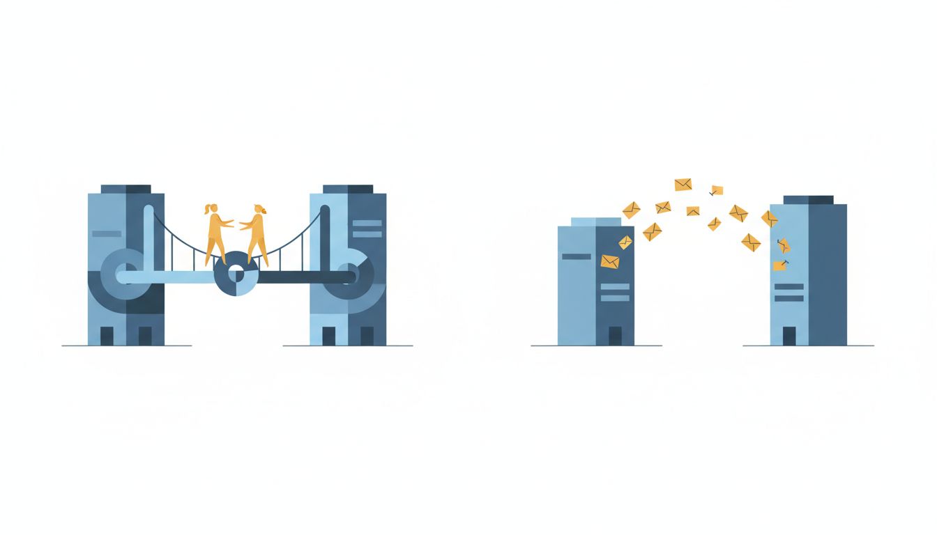 Abstract illustration contrasting synchronous and asynchronous communication as two different architectural structures