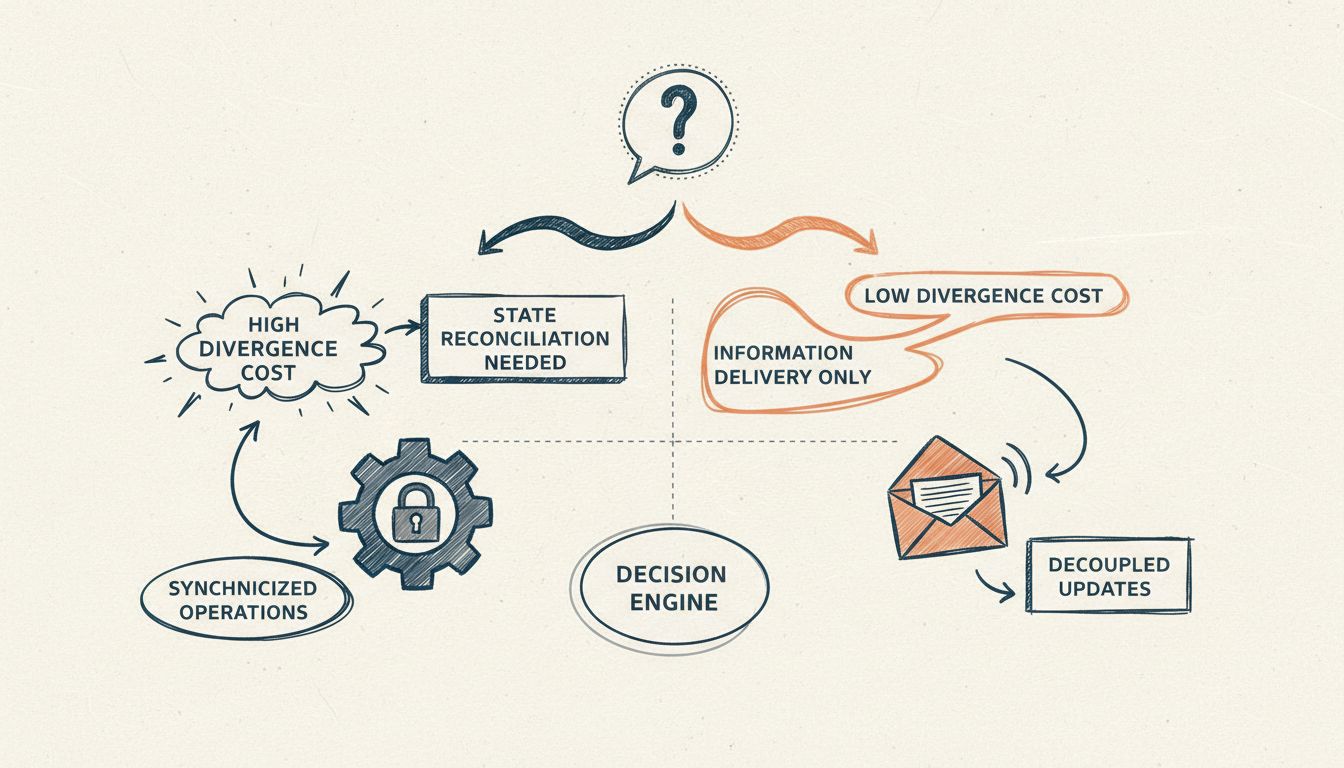 Editorial diagram showing a decision-routing framework for choosing between synchronous and asynchronous communication