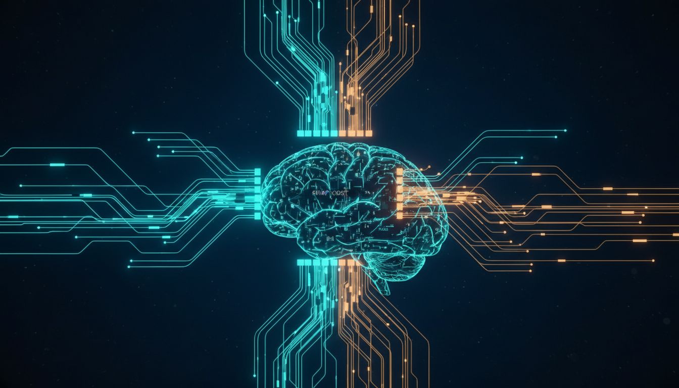 Illustration of a brain as a CPU performing a context switch between multiple task threads