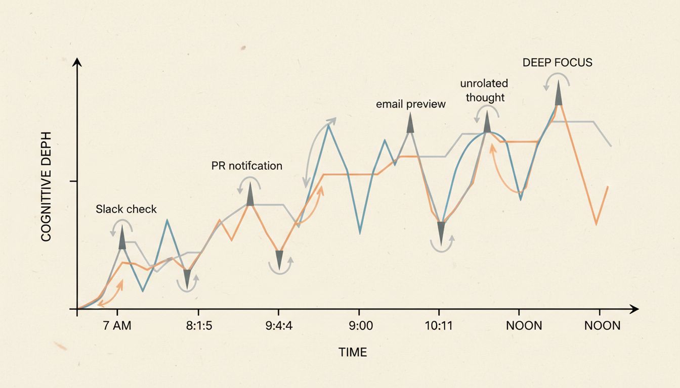 Timeline diagram showing how repeated small interruptions prevent a knowledge worker from ever reaching deep focus