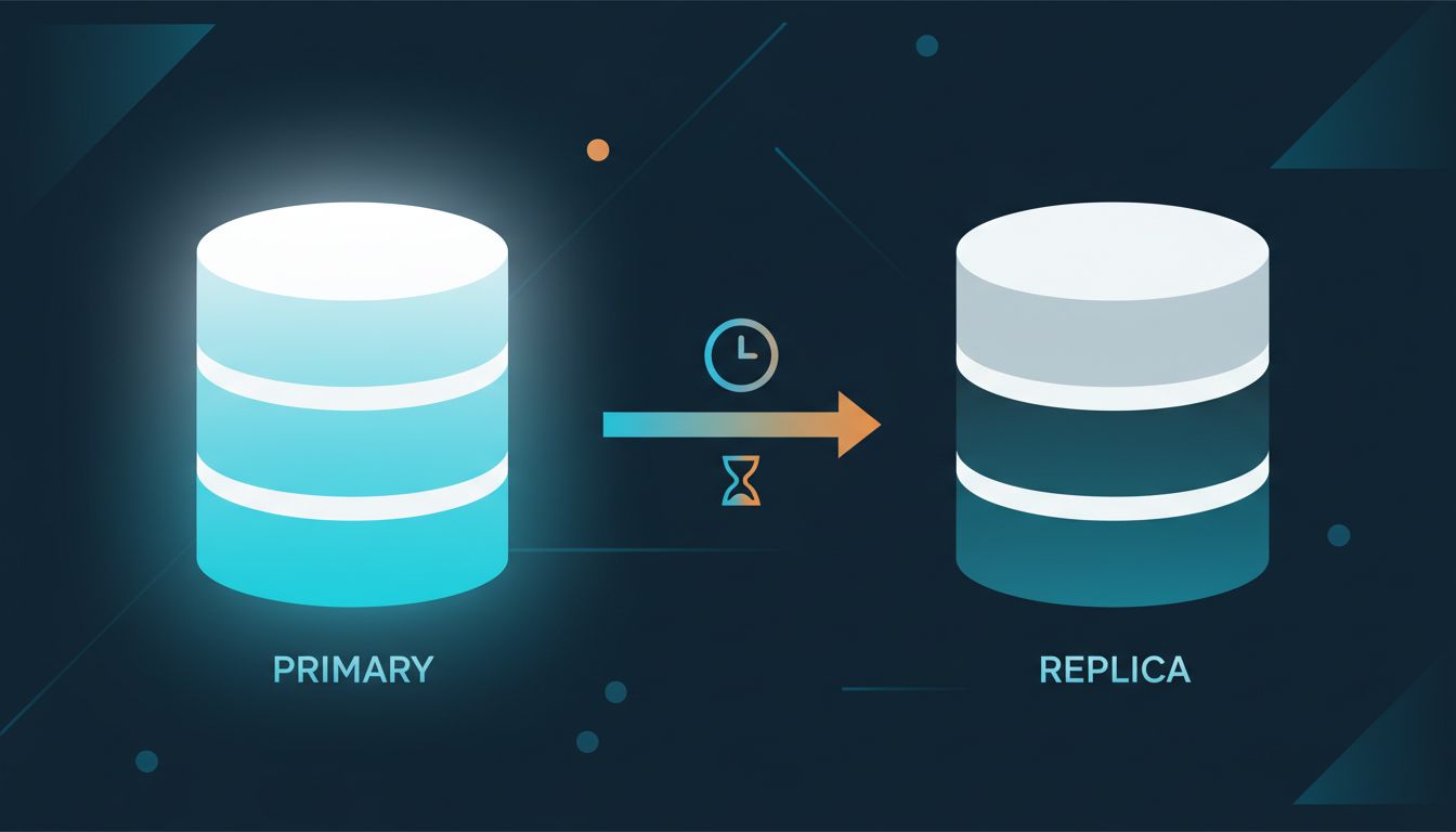 Illustration of a primary database and a replica with a visible gap representing replication lag