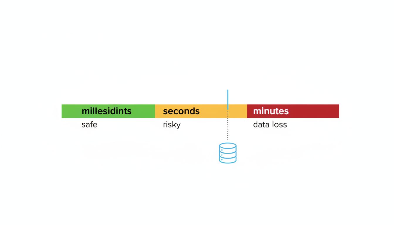 Timeline showing safe, risky, and data-loss zones for replication lag tolerance