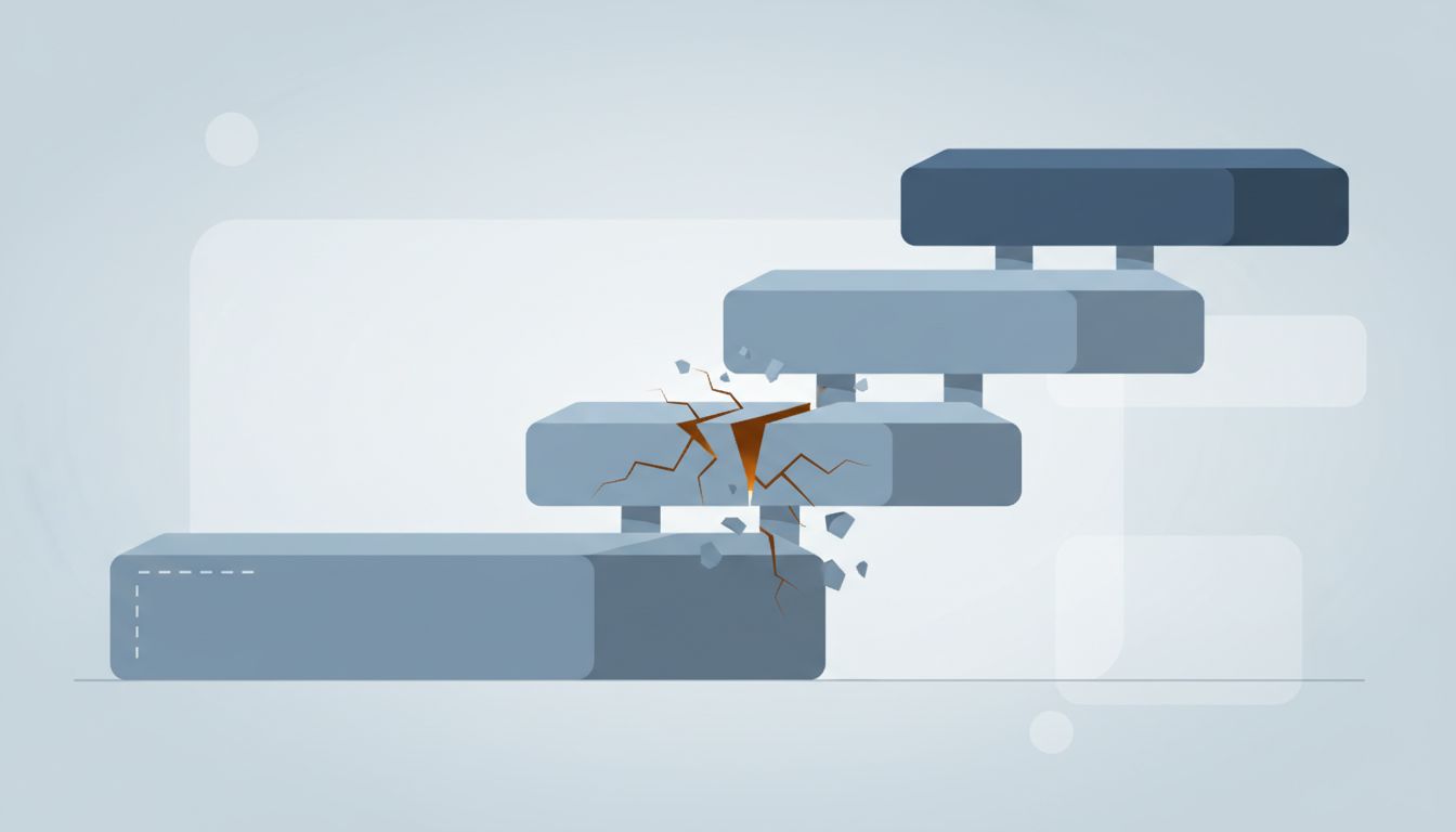 An illustrated staircase showing a cracked and unstable middle step between a clearly limited bottom step and a solid top step