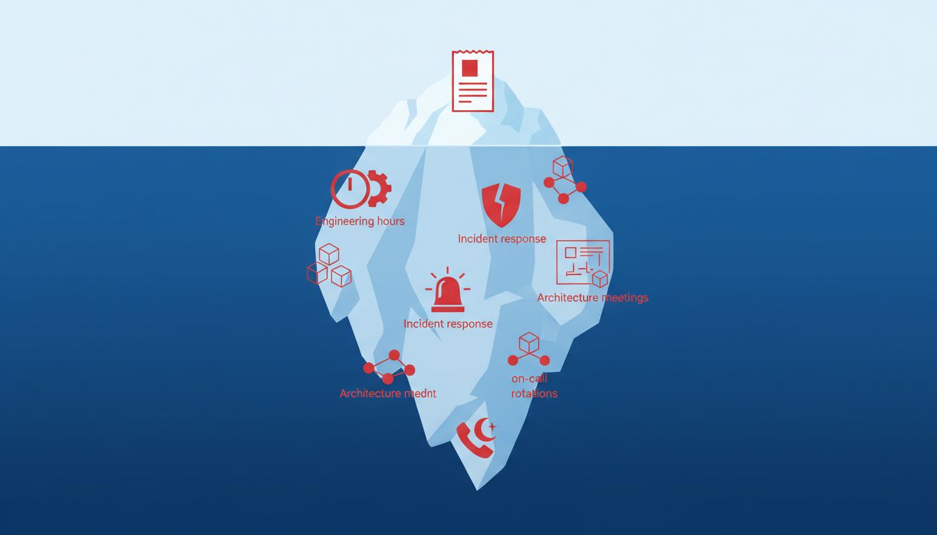 Iceberg diagram showing a small cloud bill above the surface and much larger hidden operational costs below