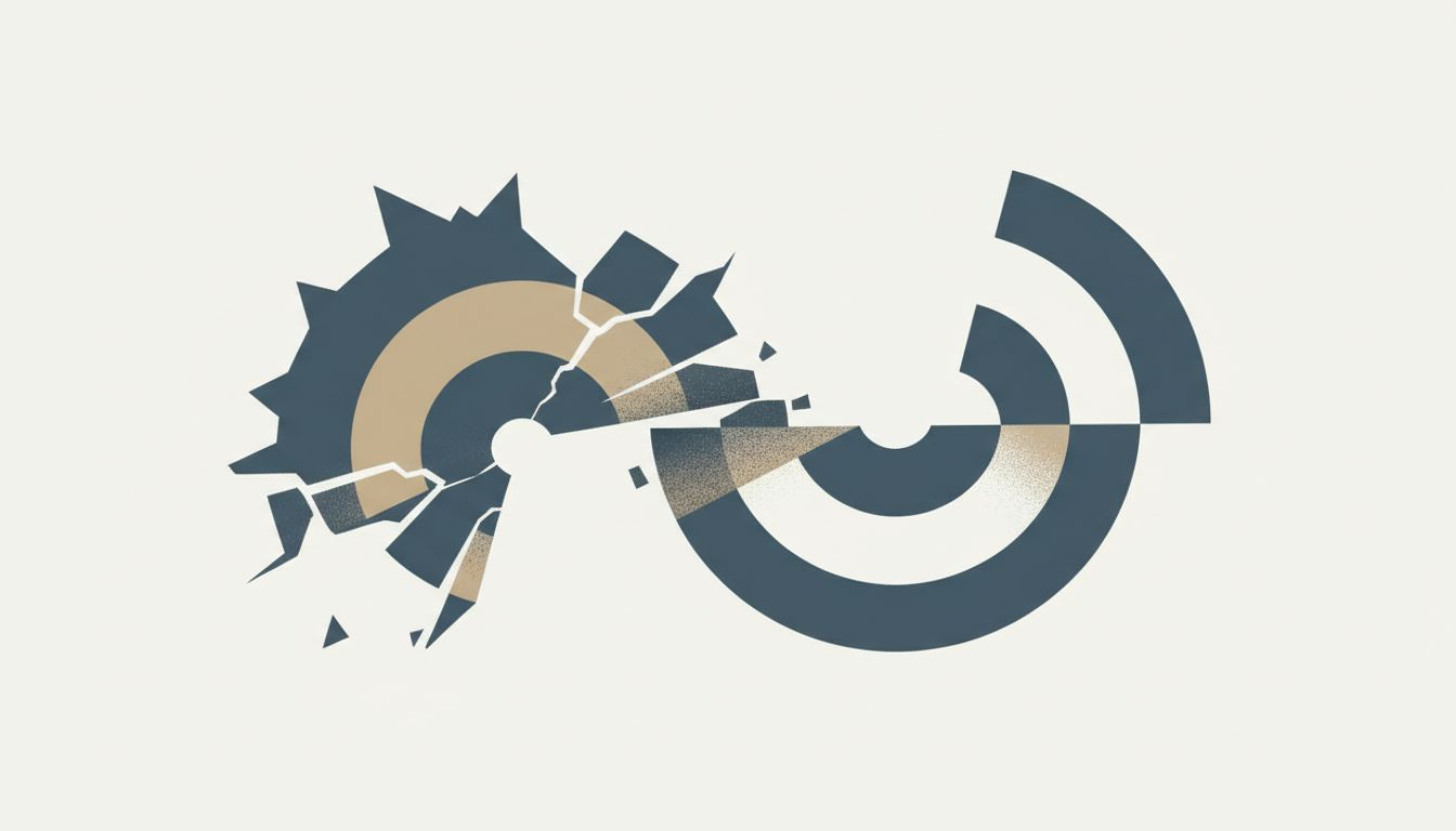 Two abstract geometric shapes that are each incomplete alone, forming a coherent structure only where they connect