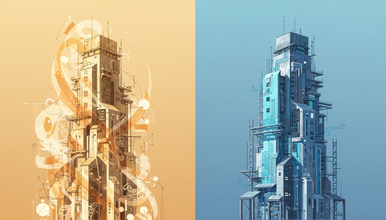 Illustration showing two phases of building a structure, chaotic and visionary on the left, precise and systematic on the right