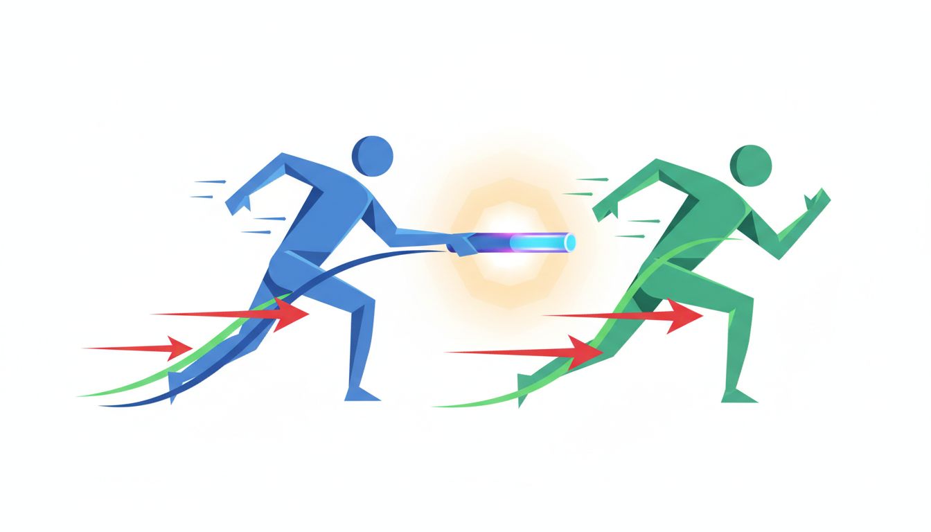 Abstract relay baton handoff diagram representing the transfer of operational leadership