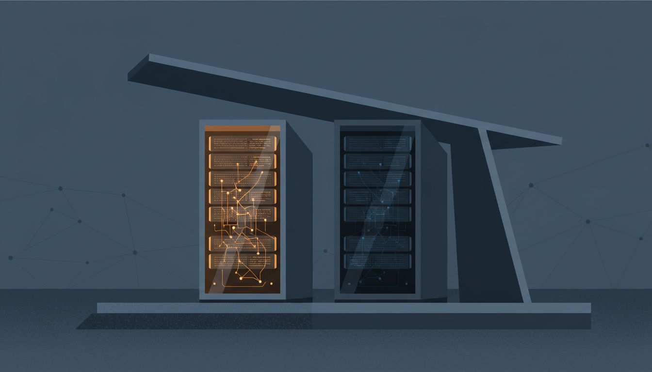Two servers side by side, one active and glowing, one idle but casting a protective shadow over the first