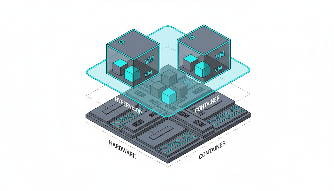 Diagram showing containers nested inside virtual machines above a physical hardware layer