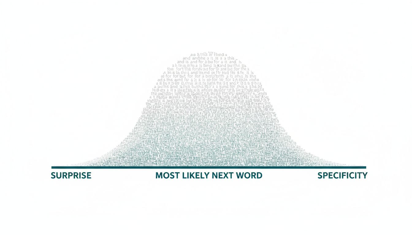 A bell curve showing how language model predictions cluster around average word choices, with surprise and specificity in the tails