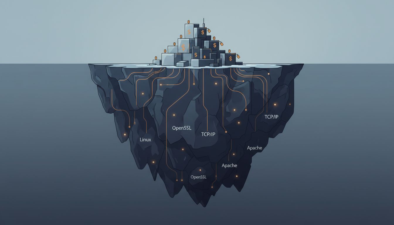 Iceberg diagram showing commercial software value above the waterline and open-source infrastructure below
