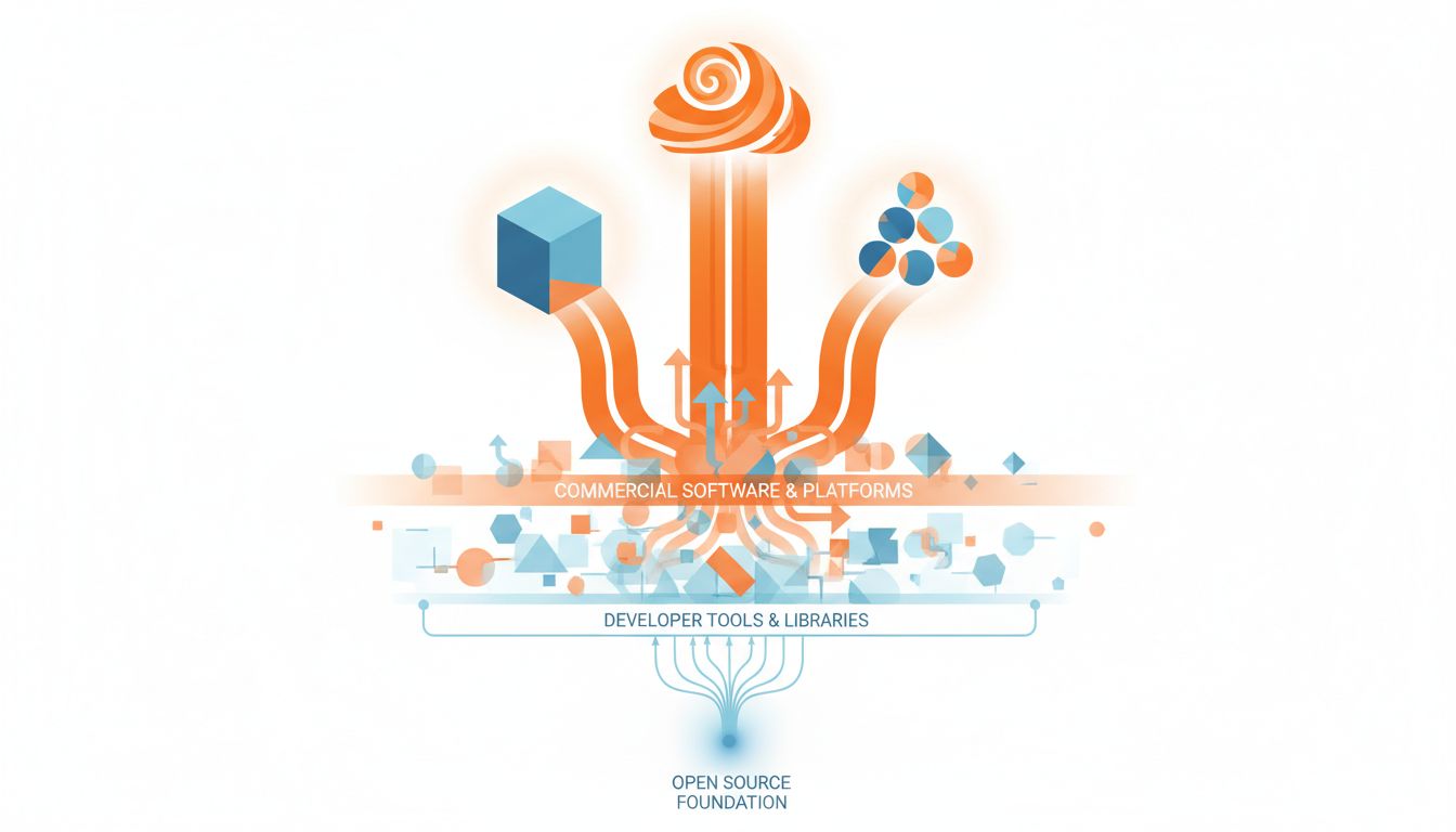 Diagram illustrating how economic value flows from open-source software toward cloud providers and commercial products built on top