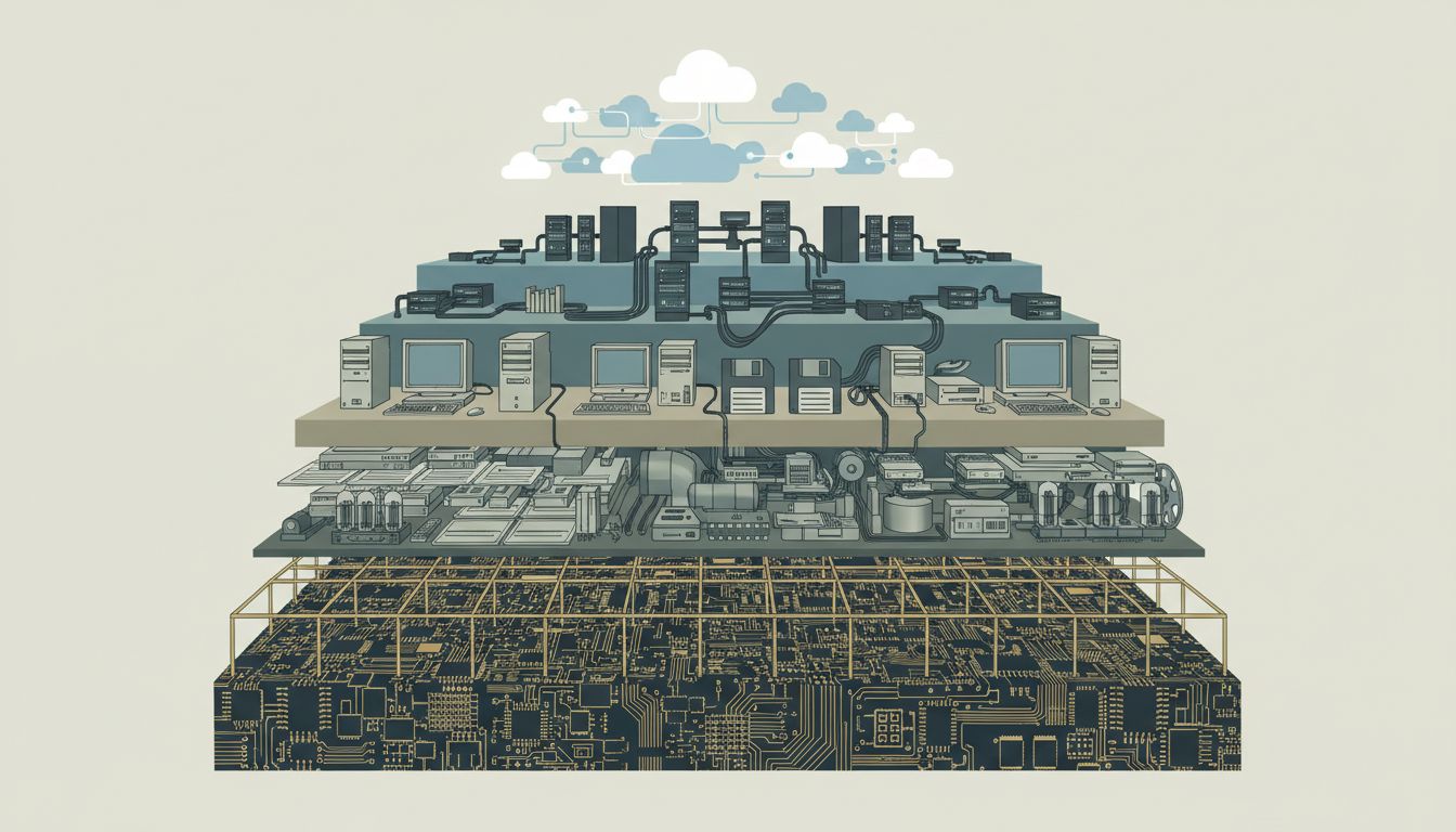 Cross-section illustration showing layers of software technology stacked like geological strata, with older systems forming the foundational layer