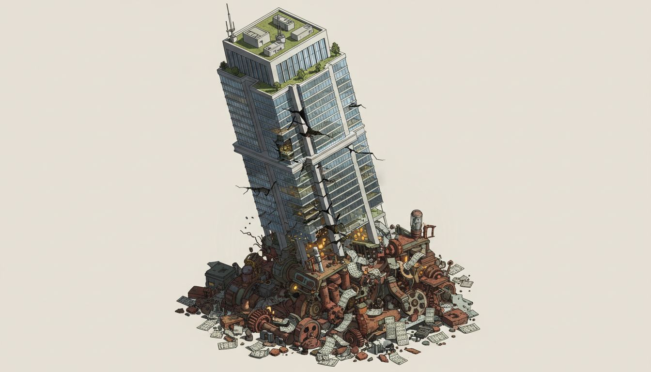 Cross-section of a modern building built on crumbling legacy machinery foundations