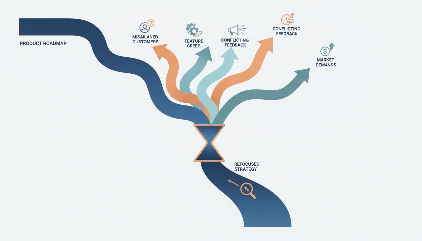 Abstract diagram showing a product roadmap splitting under customer pressure then reconsolidating