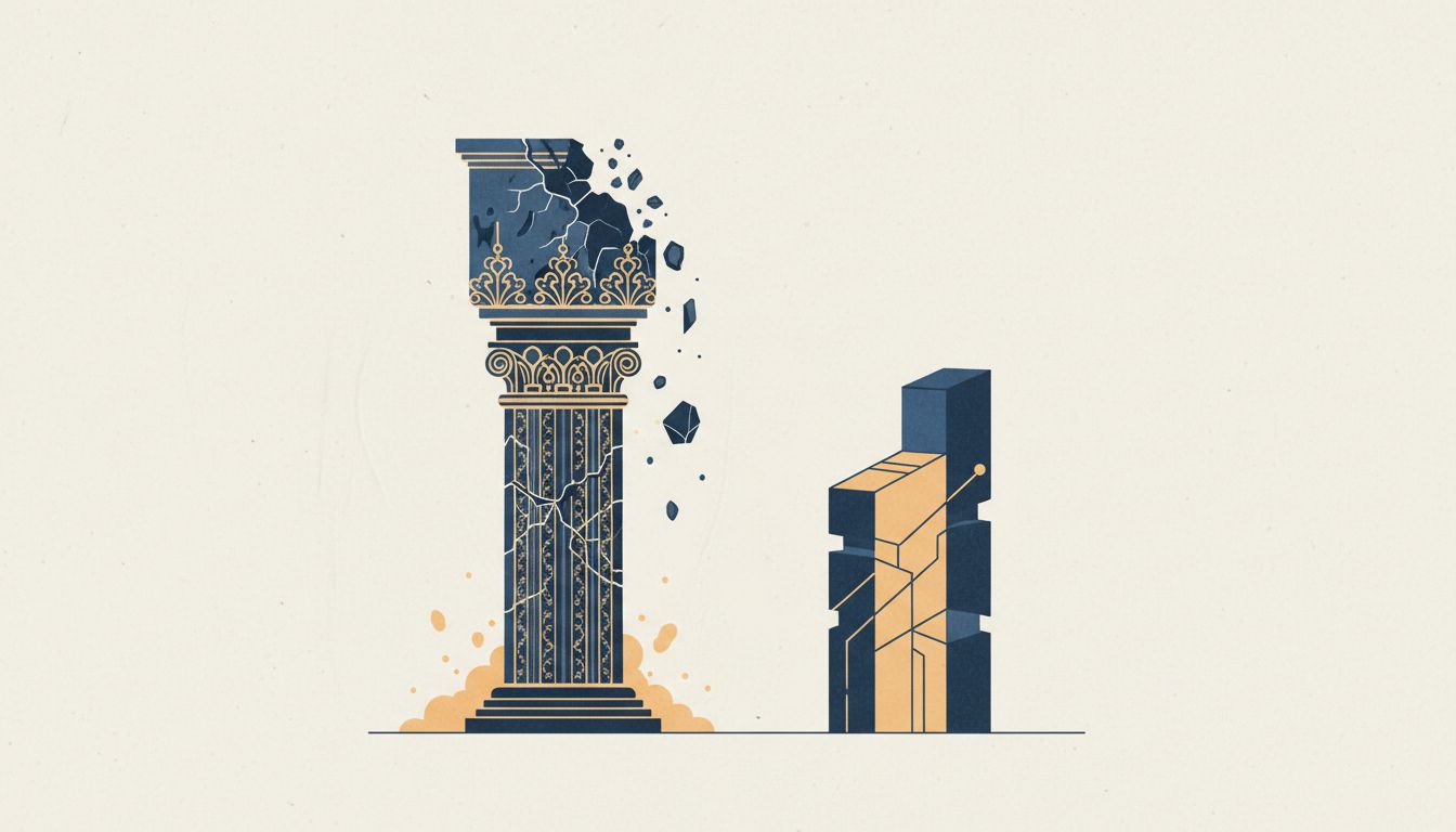 Two contrasting abstract structures — one tall and unstable, one small and solid — representing over-funded versus constrained startup approaches